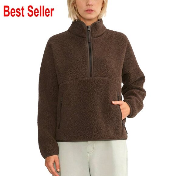 Tops - Cropped Half-Zip Sherpa Fleece Pullover with Pockets, Women's Oversized Hoodie